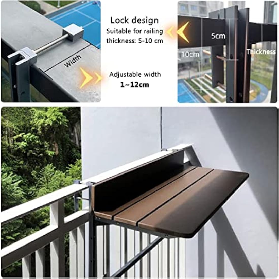 Gdmokle Balcony Hanging Table, Balcony Folding Table, Railing, Hanging Table with 5 Way Height Adjustable, Foldable Balcony Table for Patio Garden, Aluminium Profile Table (60x37 cm/23.6x14.6 inches)