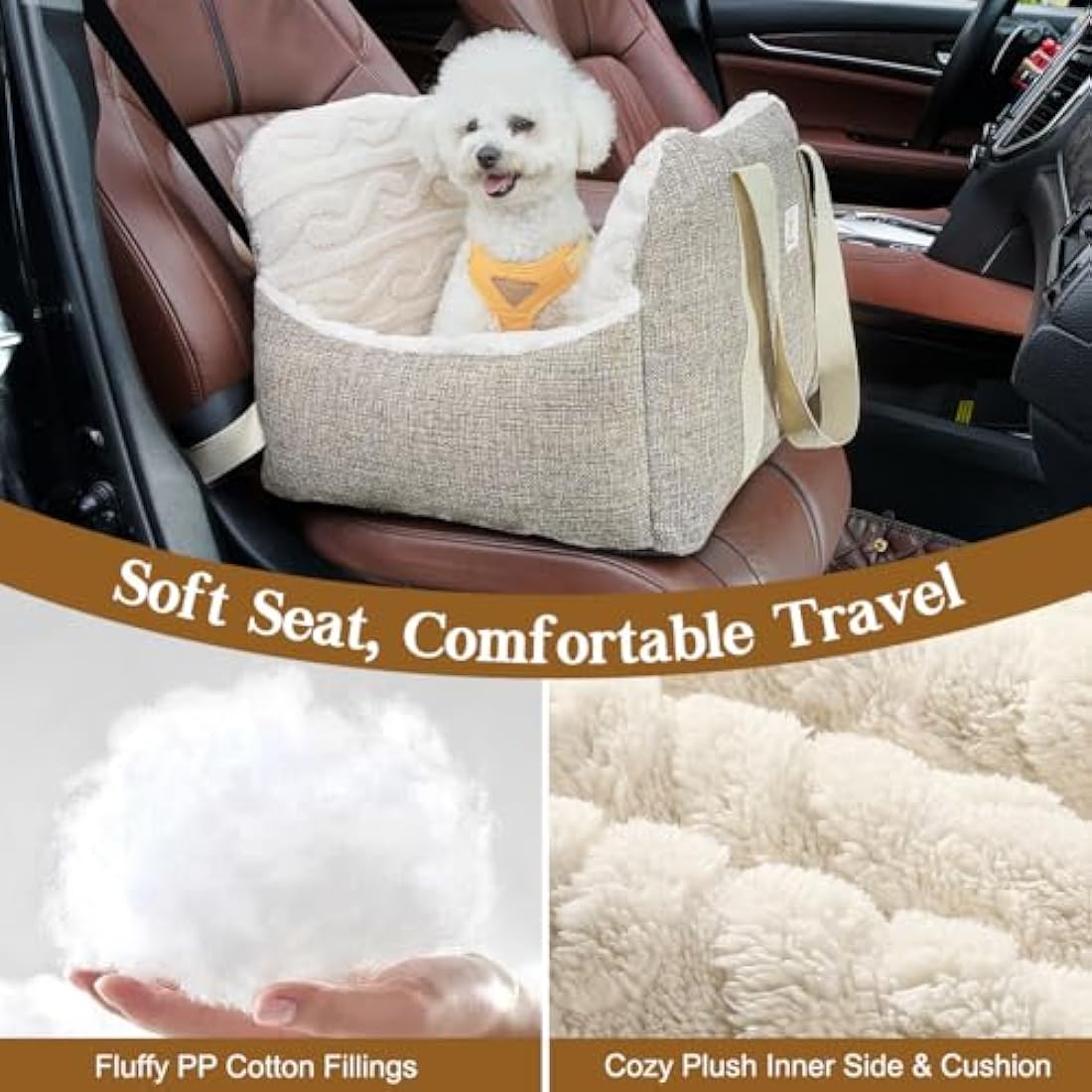 Pawaboo Small Dog Car Seat, Dog Booster Car Seat for Small Dogs, Puppy Seat for Car with Fixed Buckle and Safety Leash, Thickened Dog Bed Car Seat, Pet Travel Carrier Bed Up to 25lbs (Brown+Beige)