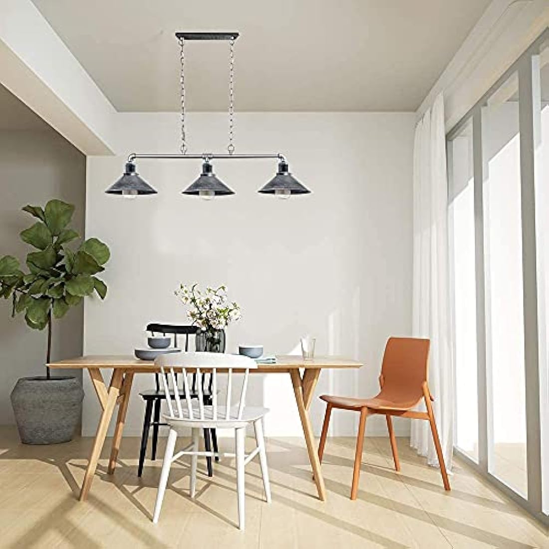 LEDSONE Industrial 3-Light Pendant Ceiling Light Brushed Silver Metal Adjustable Chain E27 Cone Shade Steampunk Hanging Fixture for Kitchen, Dining Room, Bar, Loft, Living Room
