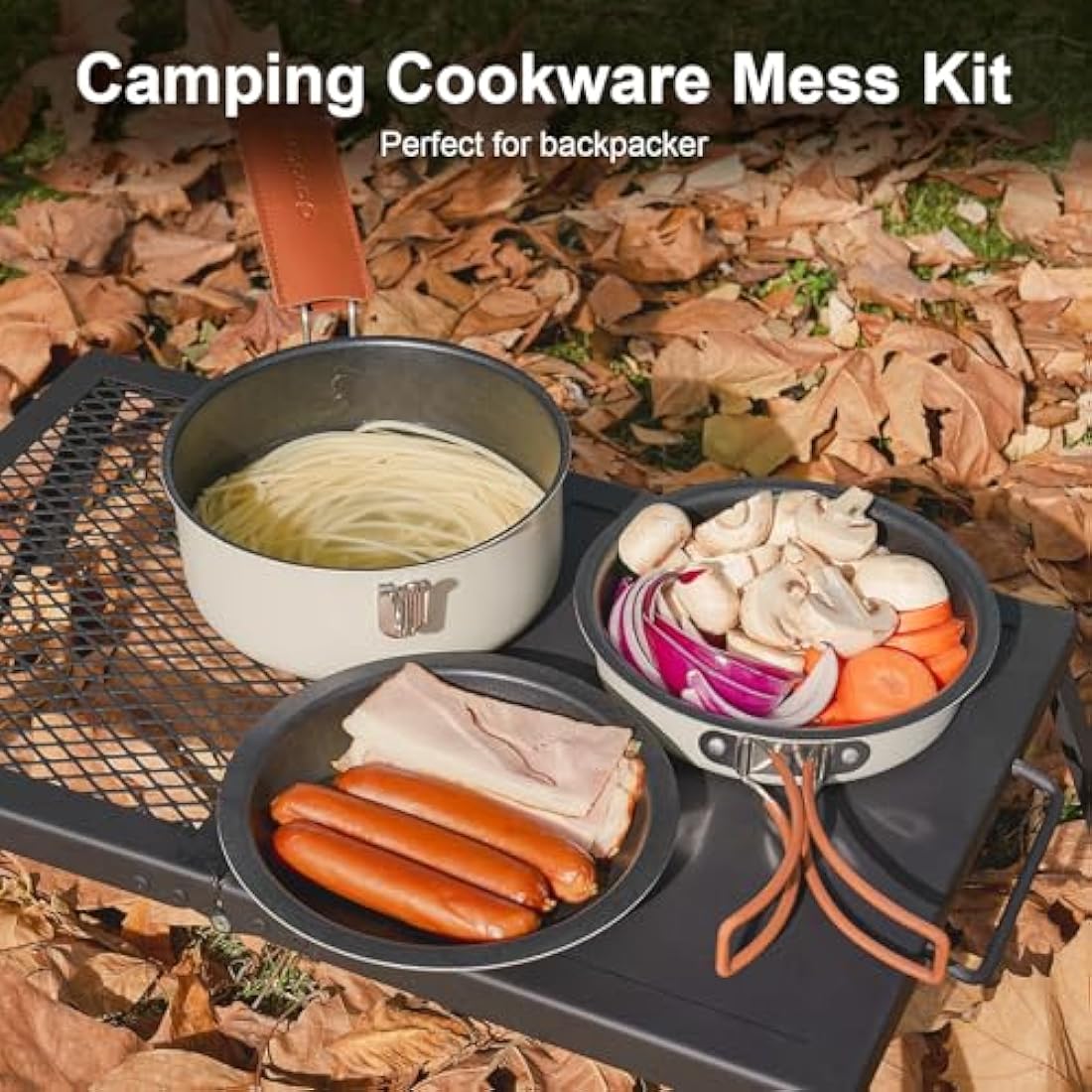 Odoland 10 pcs Camping Cookware Set, Non-Stick Lightweight Cooking Set with Plates Bowls Forks Knives and Spoons - Perfect for Backpacking, Camping, Hiking and Picnicking Milk White