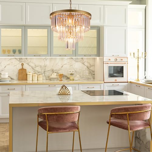 Wellmet 20 inch Gold Crystal Chandelier, 3-Tier Contemporary Modern Bathroom Chandeliers, 7-Light Adjustable Hanging Round Ceiling Light for Bedroom, Entryway, Dining Room, Girls Room, Foyer