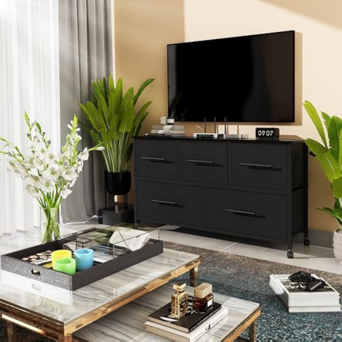 MYGIIVOVO Chest of Drawers, Dresser for Bedroom with 5 Fabric Drawers, TV Stand with 4 Castors, Storage Organizer Unit for Living Room Kids Room (Black)