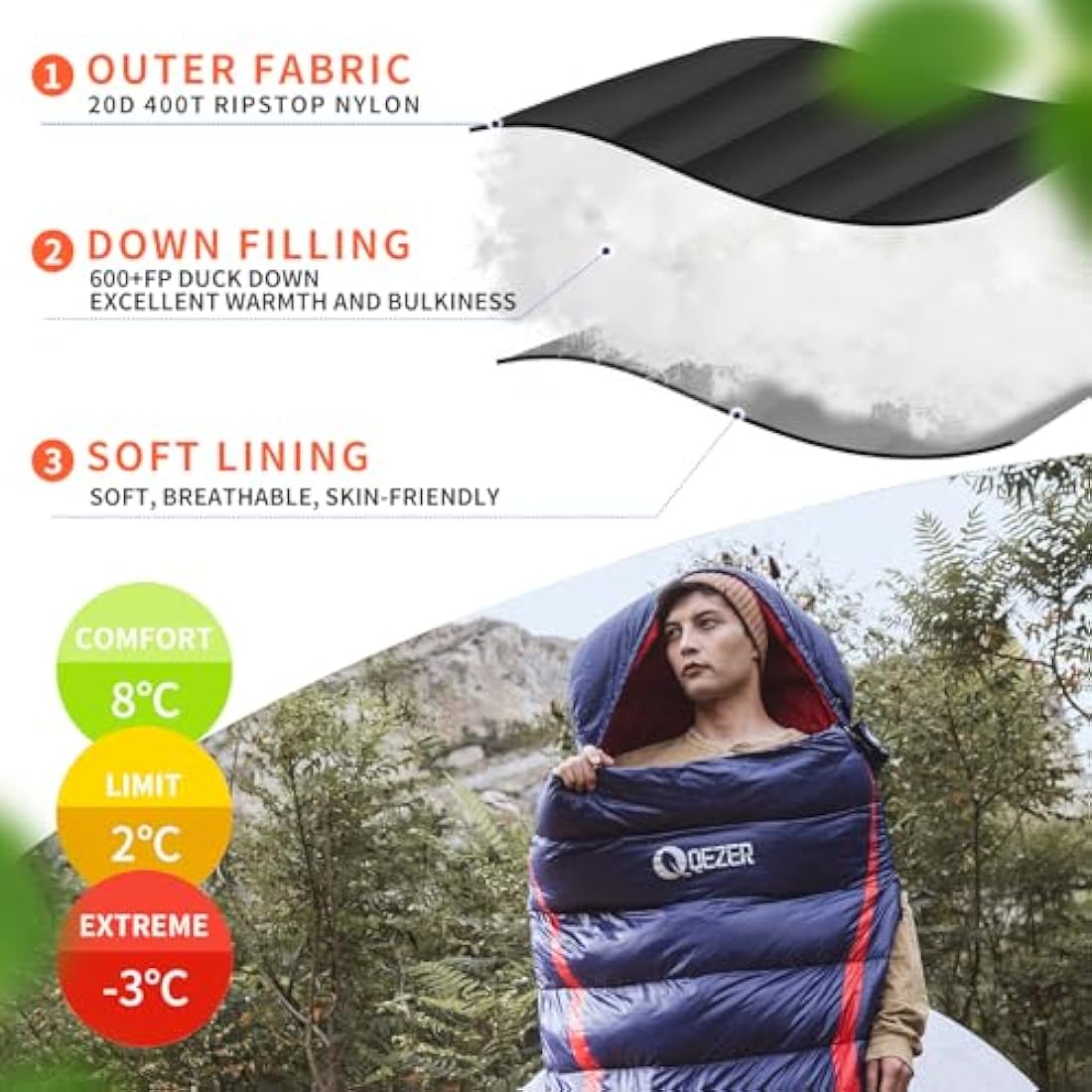 QEZER Down Sleeping Bag,Lightweight Rectangular Winter Sleeping Bag [1180g/1860g] for Adults and Kids 4 Season Camping, Hiking,Warehouse and Moutaineering Outdoor