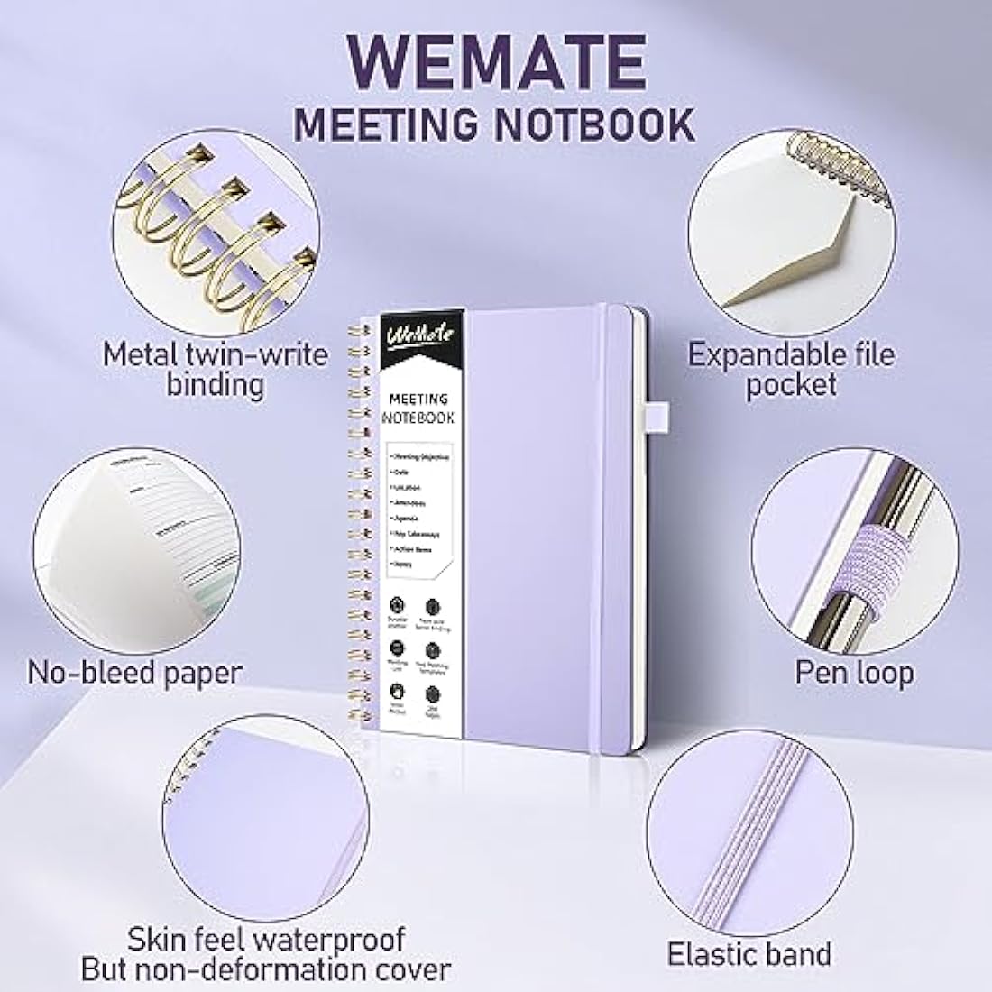 WEMATE Meeting Notebook B5 (7"x10") - PU Leather Planner Notebook with Agenda, Action Items & Notes - 200 Pages for Men&Women, Staff and Students, Meeting, Projects Planning - Light Purple