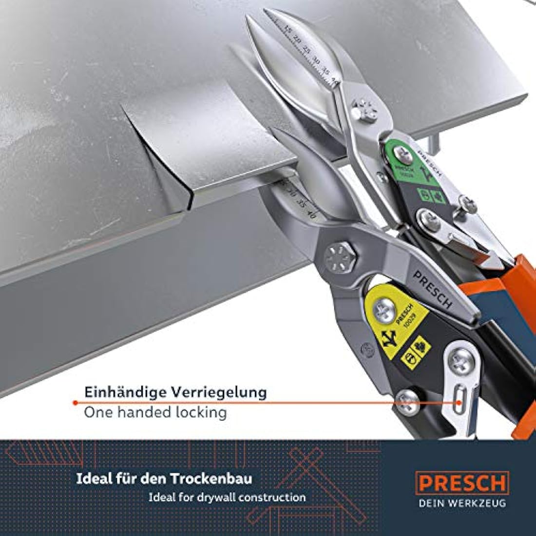 Presch Tin Snips Set Straight and Right Cut - Heavy Duty Aviation Snips - Drywall Construction Tool Set for Cutting Metal with Lever Transmission - Tin Cutter Kit