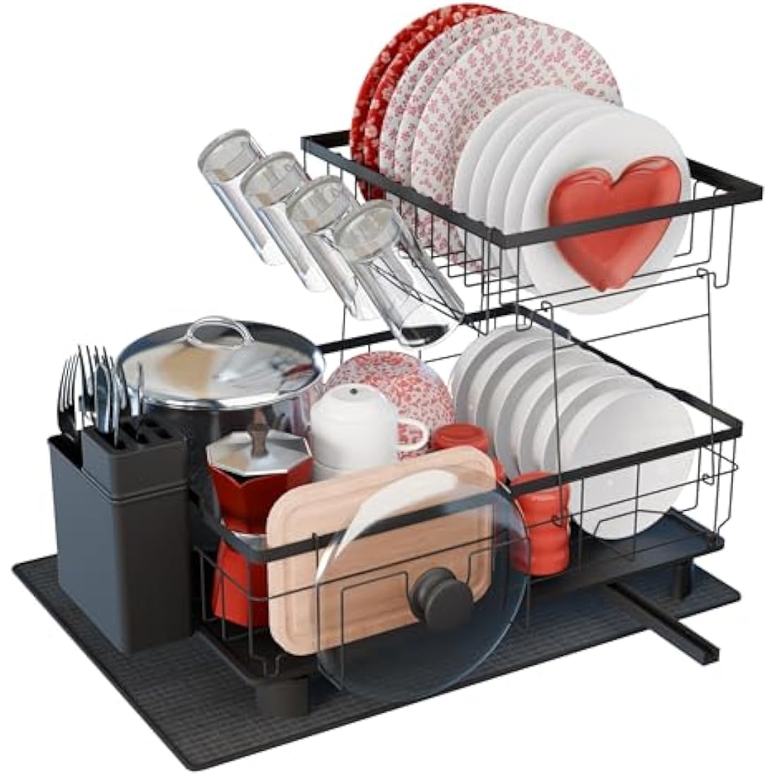 RebelEver Dish Drainer Rack - Draining Board Rack - Sink Drainer Rack - Plate Rack - Driying Rack Kitchen - Dish Drying Rack with Drainage Pipe to the Sink - Drying Mat included (2 Tier)