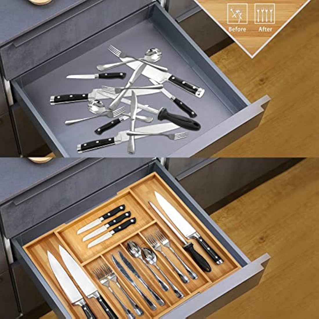 VaeFae Bamboo Cutlery Drawer Organiser, Expandable Cutlery Tray, Wooden Drawer Dividers for Kitchen Utensils and Flatware (5-7 Slots)