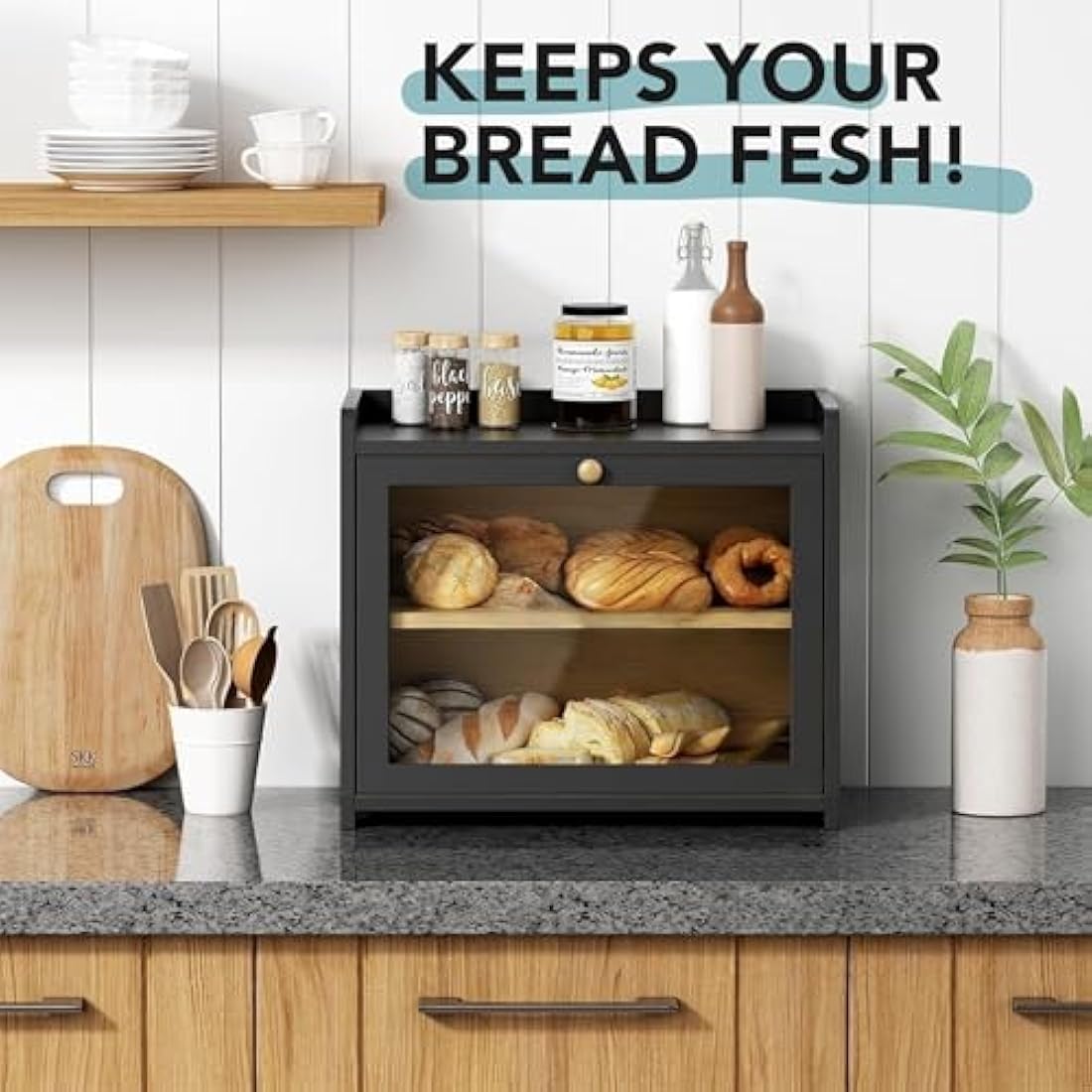 Cookery Wooden Bread Bin with 2 Levels for Bread Storage made of Bamboo (wood) Bread Box Extra Large Storage Box Counter Top for Kitchen Storage (needs to be assembled)