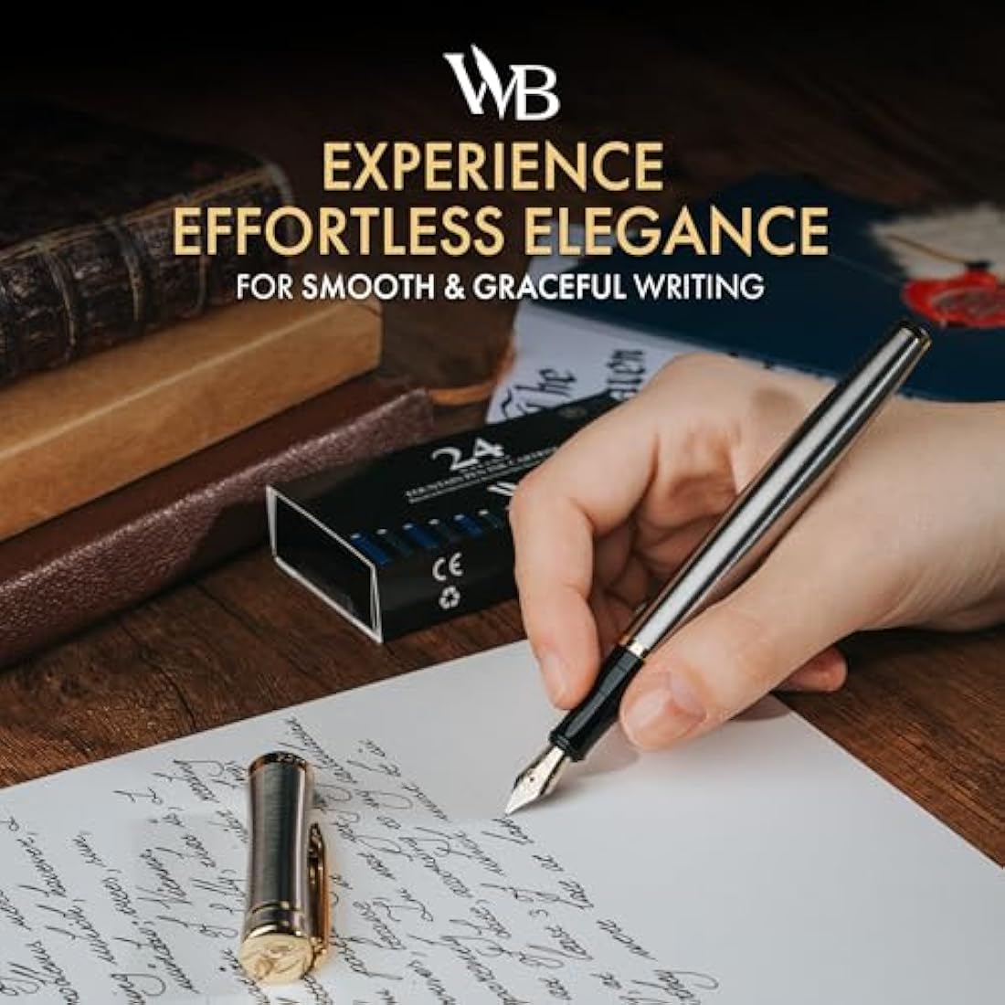 Wordsworth & Black Fountain Pen Set, 18K Gilded Fine Nib, Includes 24 Pack Ink Cartridges, Ink Refill Converter & Gift Box, Gold Finish, Calligraphy, [Silver Gold], Perfect for Men & Women