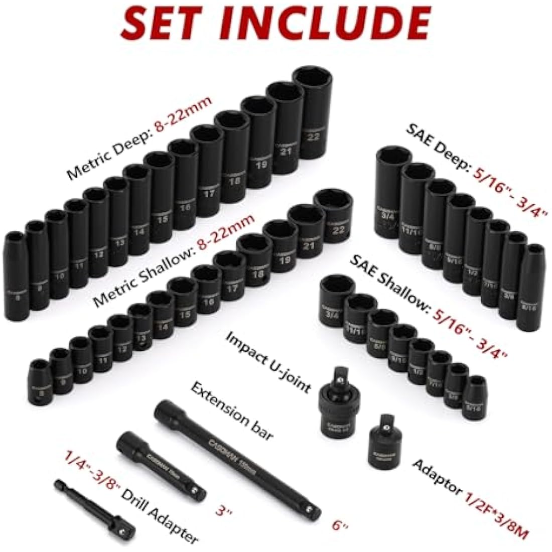 CASOMAN 3/8" Drive Impact Socket Set, 49 Piece Standard SAE and Metric Sizes (5/16-Inch to 3/4-Inch and 8-22 mm), 6 Point, Cr-V Steel Socket Set