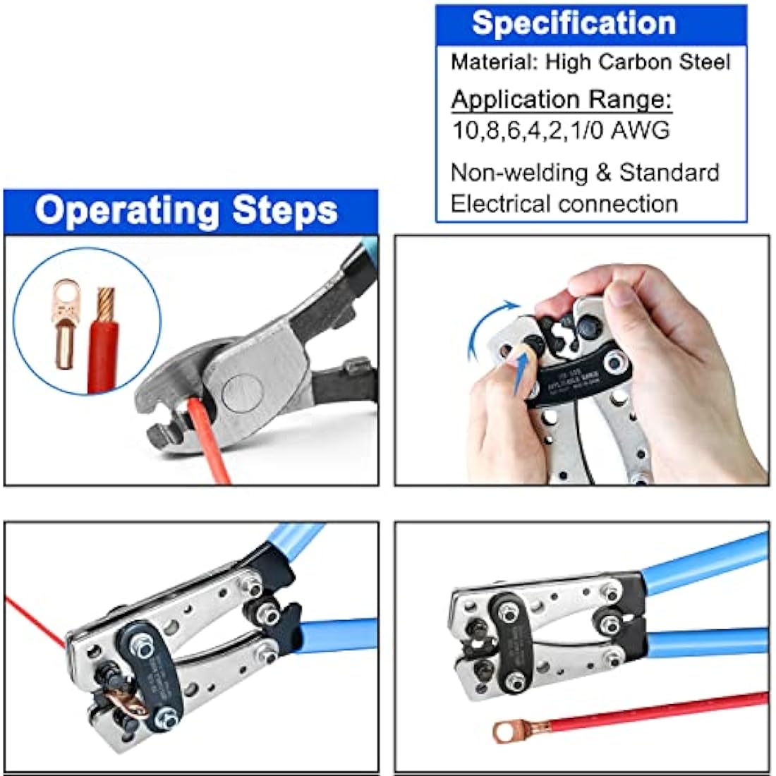 Brileine Battery Cable Crimping Tool Kit from AWG 1/0-8 with 60PCS Copper Ring Terminals 8 Sizes Battery Cable Lug Crimper for Heavy Duty Wire Lugs, Battery Terminal, Copper Lugs(Set Blue)