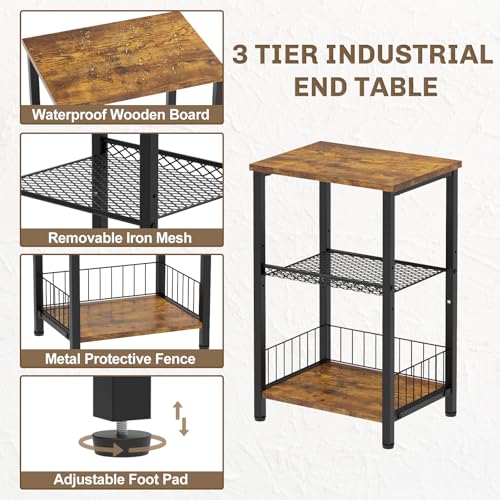 iDavosic.ly 3-Tier Side Table Set of 2, Industrial End Table Nightstand Small Table, Retro Bedside Table Cabinet Organizer for Living Room, Bedroom,