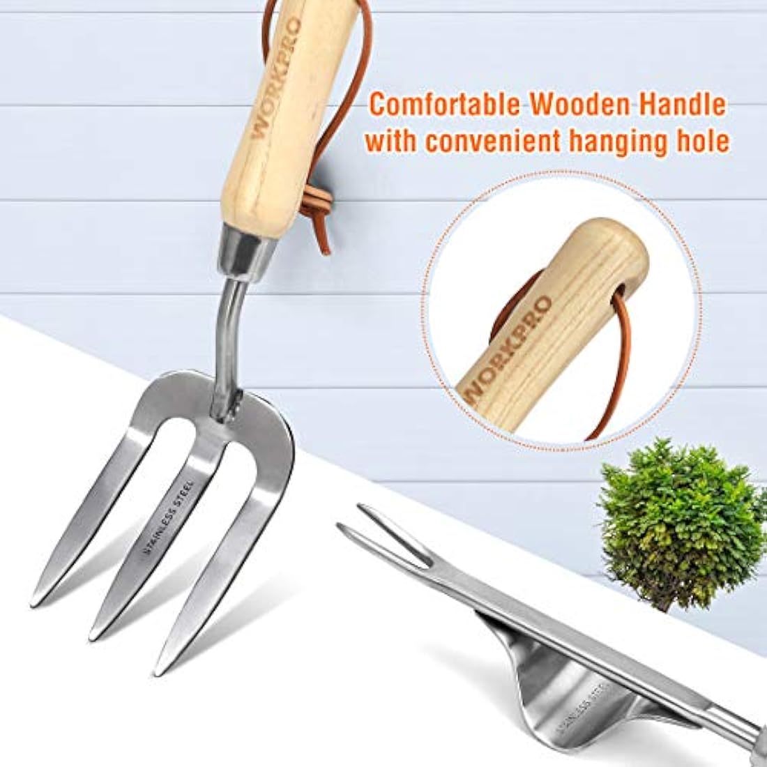 WORKPRO 8-Piece Garden Tools Set, Stainless Steel Hand Tools with Wooden Handle, Including Gloves, Trowel, Weeder, Hand fork, Hand Rake, Transplanter, Pruner and Garden Tote