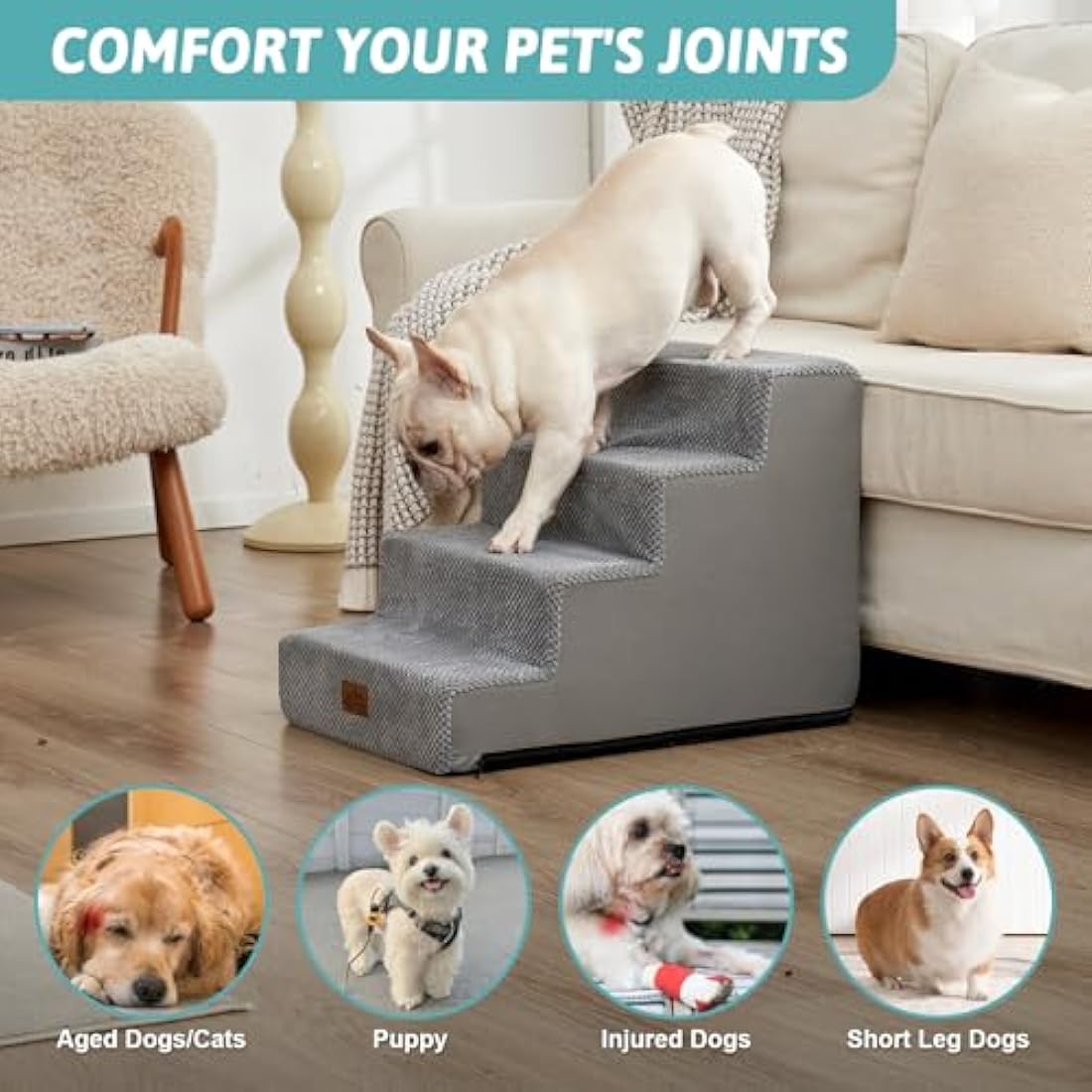 COZY KISS Wide Dog Stairs for Small Dogs, 17.7" Width Pet Steps for Bed Sofa Car, 45 cm High Non-Slip Dog Stair for Old Cats, Puppy, Small Medium Dogs, 60x45x45 cm, 4 Tiers, Grey