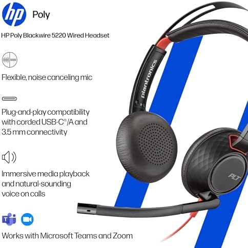 Poly Blackwire 5220 Wired Headset - Flexible Noise-Canceling Boom Mic - Ergonomic Design - Connect to PC/Mac, Mobile via USB-C, USB-A, or 3.5 mm - Works w/Teams, Zoom