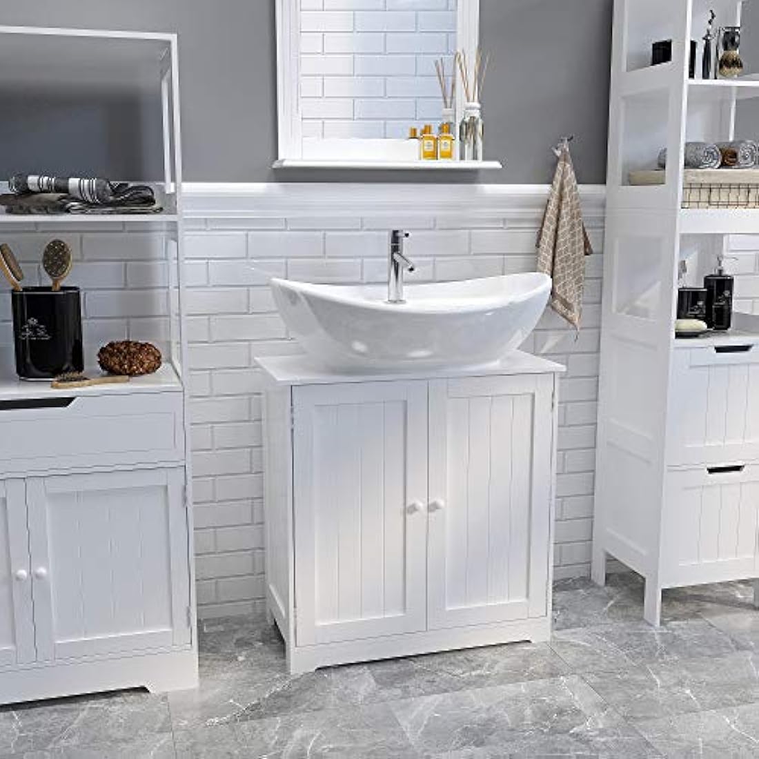 Mondeer Under Sink Cabinet,Bathroom Floor Cabinet with 2 Doors and 2 Shelves Wooden Space Saving Free Standing 60 x 30 x 60 cm White