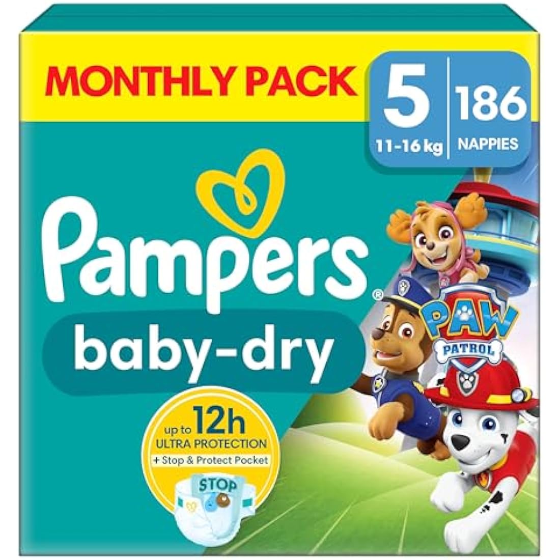 Pampers Baby-Dry Paw Patrol Edition Size 5, 186 Nappies, 11kg - 16kg, Monthly Pack, with A Stop & Protect Pocket to Help Prevent Leaks at The Back