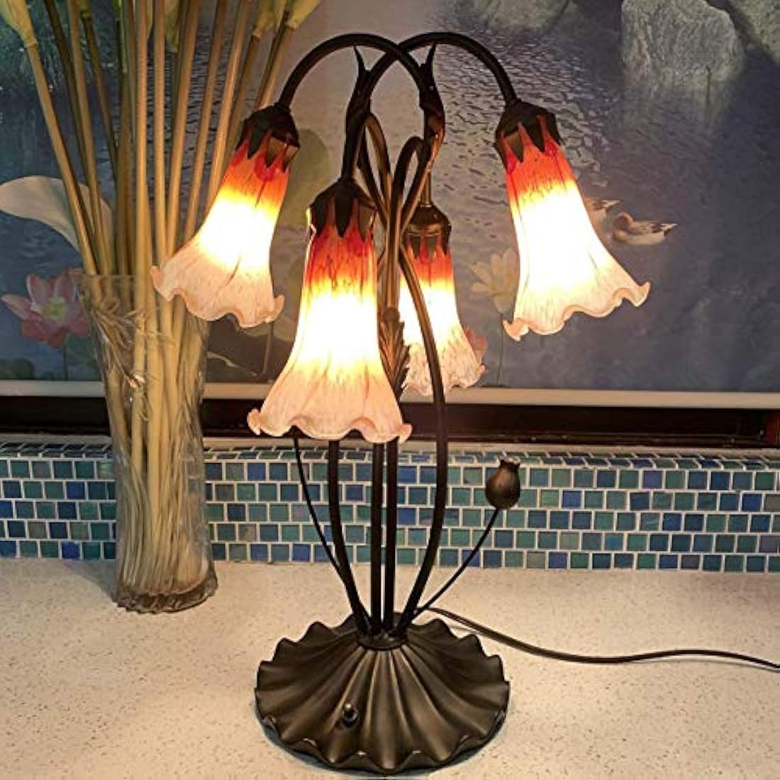 Bieye L30699 Lily Flower Blown Glass Accent Table Lamp for Living Room Bedroom Decoration (4-Light, Orange)