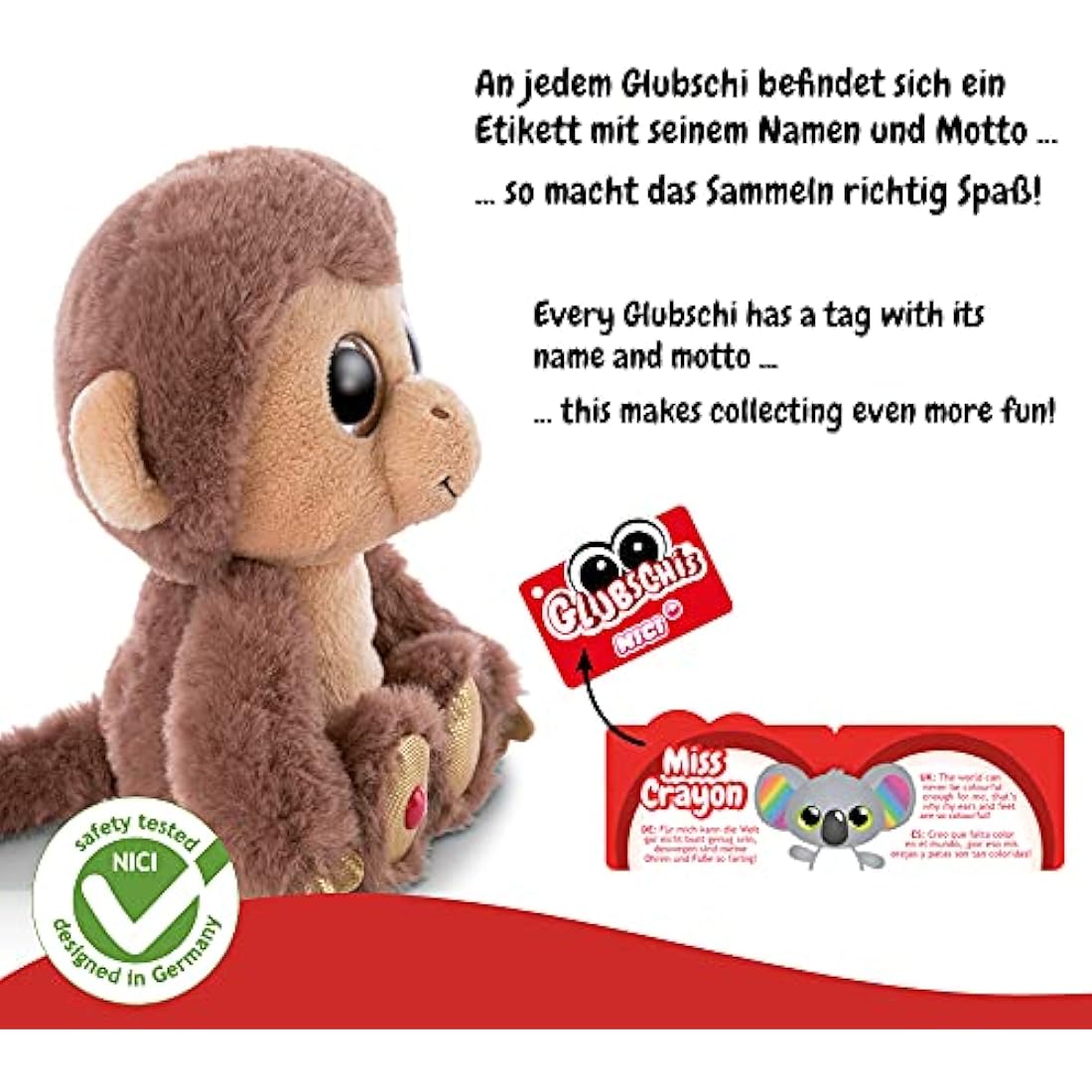 NICI 46945 safari Original – Glubschis Monkey Hobson 15 cm – Cute Cuddly Toys – Fluffy Stuffed Big Glittery Eyes – Plush Zoo Animals to Cuddle & Play, Brown/Beige