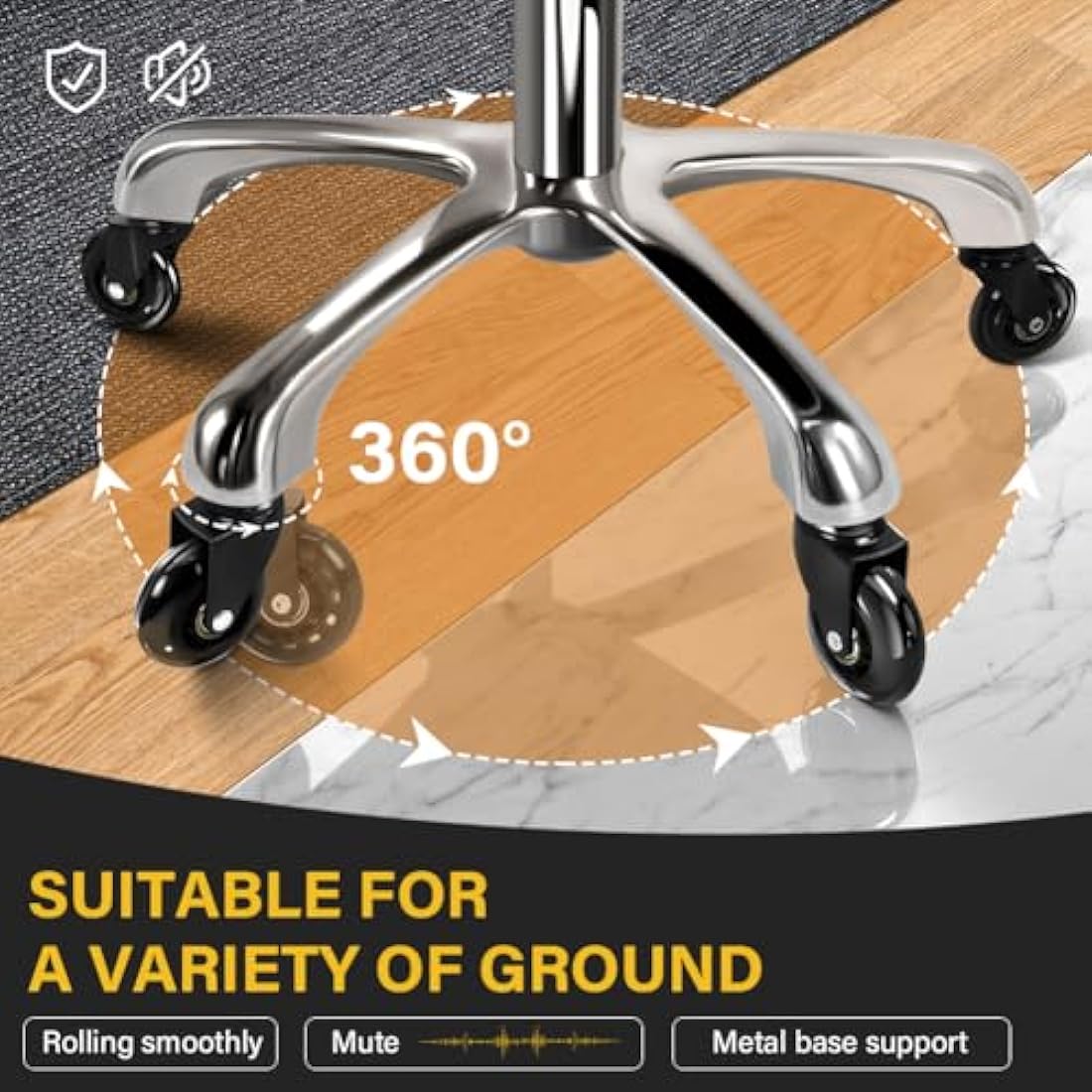 WKWKER Heavy Duty Beauty Stool On Wheels Swivel Adjustable Thick Leather Seat Chair For Kitchen Drafting Lab Office Massage Black