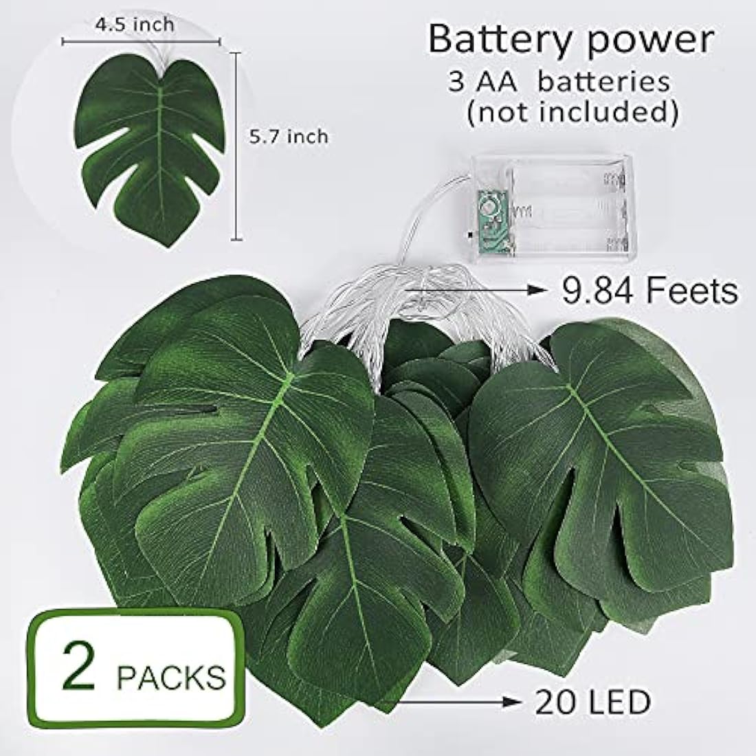 Monstera Leaf String Lights 2 Pack, 20 LED Tropical Artificial Rattan Palm Leaves Wall Hanging Vine Leaf, Summer Decoration for Outdoor Indoor Hawaiian Luau Party Jungle Beach Theme Party Decorations