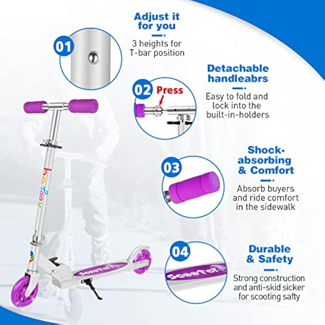 BELEEV V1 Scooter for Kids, 2 Wheels Folding Kick Scooter for Children Girl and Boys, 3 Adjustable Height, Flashing Light up Wheels, Lightweight Scooter with Sturdy Frame, Kickstand, Age 3-12
