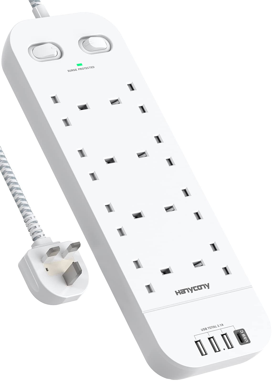 Extension Lead with USB Slots, 8 Way Outlets Power Strip with 4 USB Ports, 1800J Surge Protection Double Switch Plug Extension with 1.8M Braided