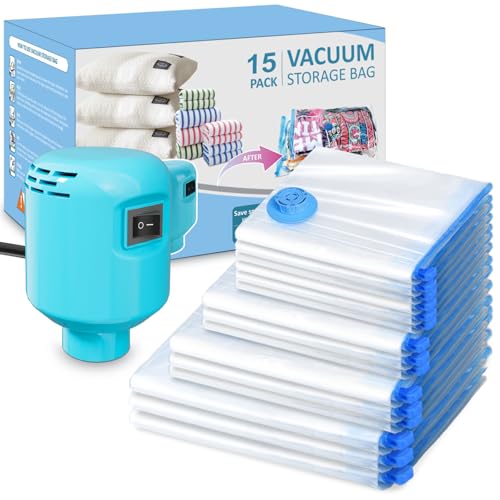 Kissleaf Vacuum Storage Bags 15-Pack Vacuum Bags with Electric Pump 30 Seconds Fast Compression Durable Dustproof Waterproof Vaccine Storage Bags