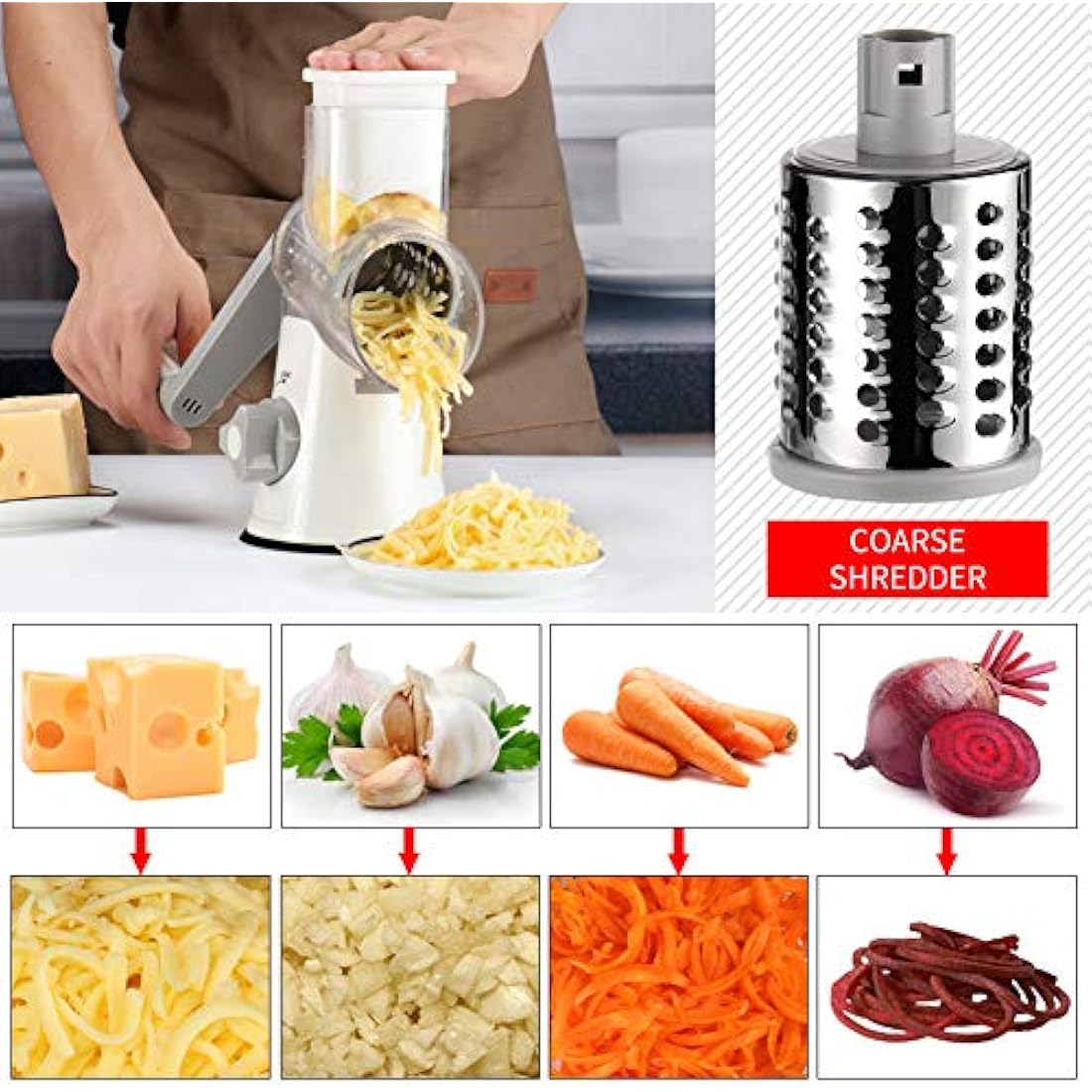 Ourokhome Cheese Grater Rotary Shredder, Kitchen Speed Mandolin Slicer Hand Crank Grinder with 3 Interchangeable Blades and Handle for Cheese, Vegetable, Walnut, Chocolate, Potato, Carrot, White