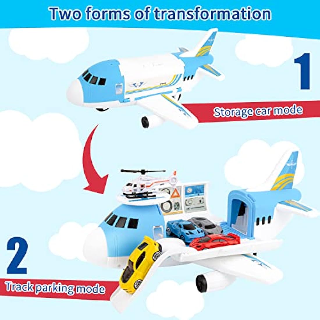 Shayson Transport Cargo Airplane Car Toy Play Set for Boys and Girls Ages 3 and Up - Includes 4 Cars, 1 Helicopter, Kids DIY Preschool Toy Gift