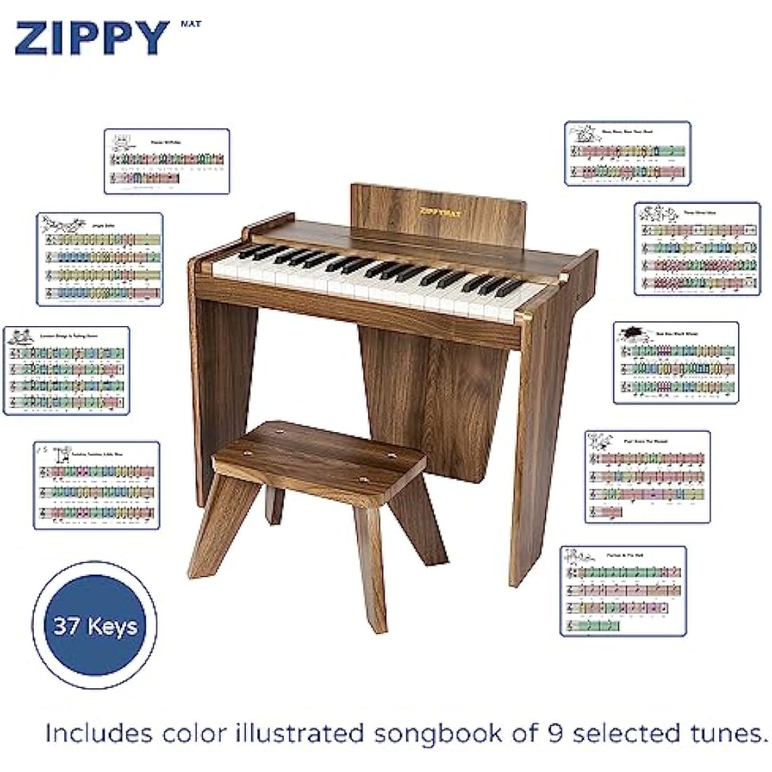 ZIPPY MAT Kids Piano Keyboard, 37 Keys Digital Piano for Kids, Music Educational Instrument, Wooden Toy for Toddlers Girls Boys (Walnut Basic)