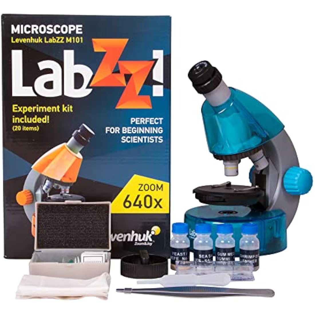 Levenhuk LabZZ M101 Azure 640x Portable Microscope Science Kit for Children with LED Light, Kids Beginner Educational STEM Toys Set, Prepared Sample Slides, and Illustarted Experiment Guide (EN)