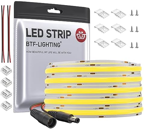 BTF-LIGHTING FCOB COB LED Strip Warm White 3000K Flexible High Density Uniform Light Dimmable LED Strip CRI90+ 10M 528LEDs DC24V 14W/m Bendable FOB LED Ribbon for DIY Indoor Lighting Projects