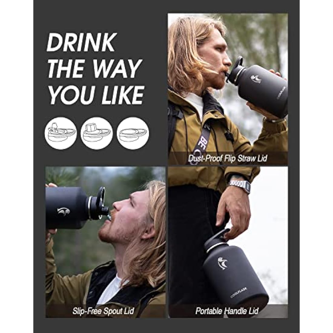 Coolflask 2L Water Bottle Stainless Steel with PU Leather Sleeve, Half Gallon Insulated Water Bottles with Straw Lids, Stainless Steel Metal Large Water Jug, Keep Cold 48h Hot 24h, Polar Black