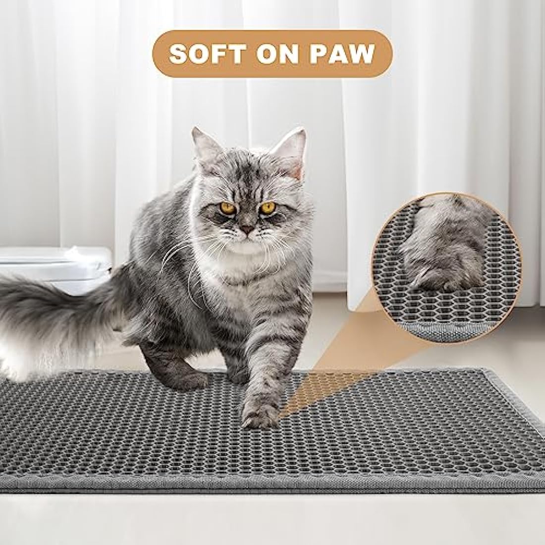 Garoopion Cat Litter Mat, 90 X 76 cm EVA Litter Trapping Mat, Double Layer Honeycomb Holes Design, Grey, 1 Side Connected
