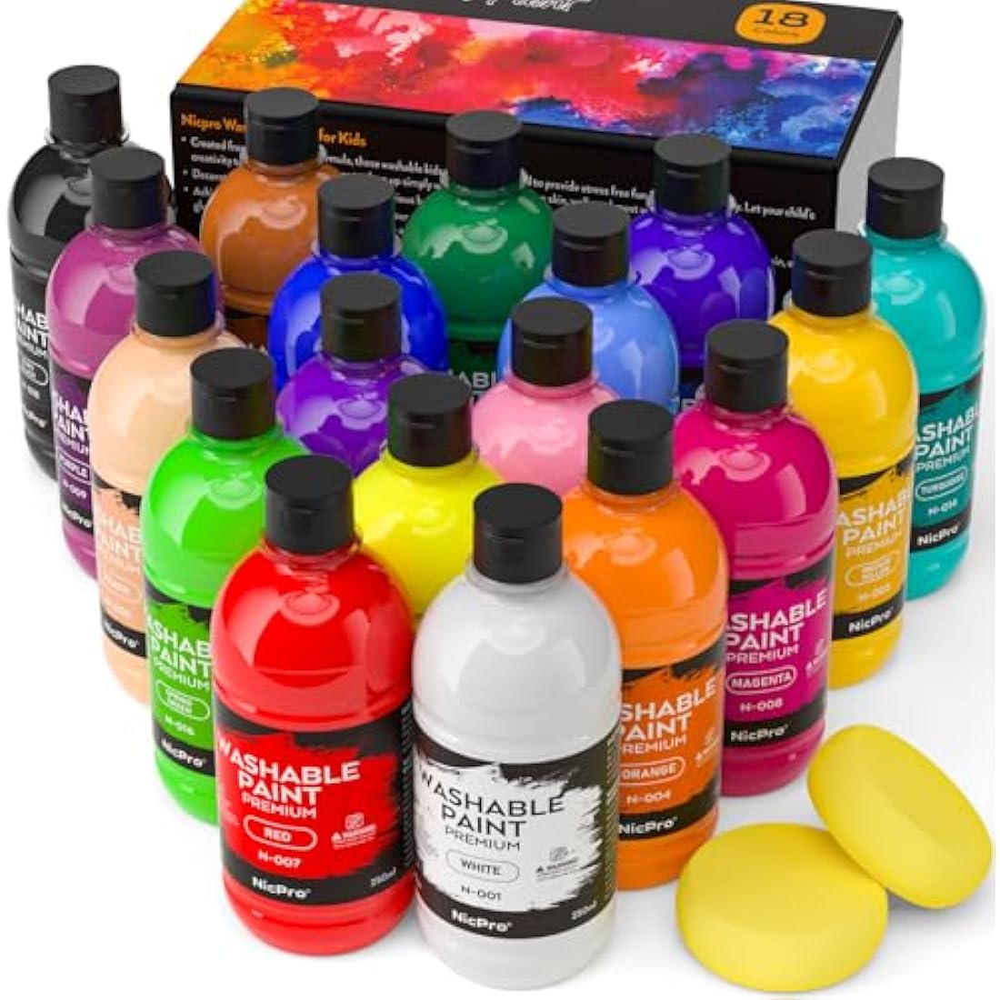 Nicpro 18 Colors Large Washable Paint Set (8.4oz,250 ml), Acrylic Bulk Supplies Non Toxic Children Tempera Paint for Art, Craft DIY, Poster & Finger Paint, School, Home,Classroom, Party