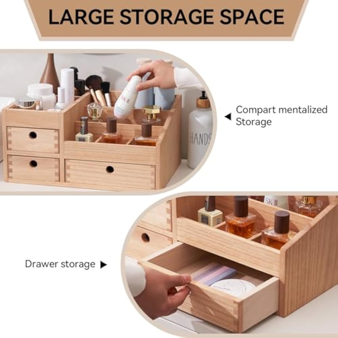 KIRIGEN Makeup Organizer Storage Drawers Wood Cosmetic Organisers for Lipsticks, Jewelry, Nail Care Skincare Storage Box for Dresser & Desktop Large Capacity (HZG-NA)