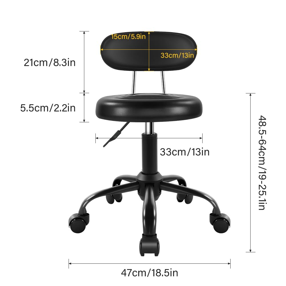 WKWKER Rolling Stool with Wheels Swivel Stool with Back Height Adjustable Chair PU Leather Rolling stools Ideal for SPA Salon Home Office Drafting