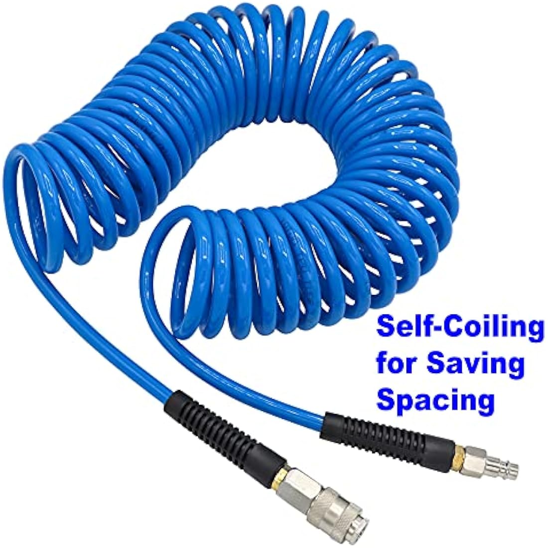 YOTOO 2 Pcs Air Compressor Hose Polyurethane Recoil 10m Long 6mm ID x 9.5mm OD with Bend Restrictor, 1/4" Europe Quick Coupler and Plug, Blue