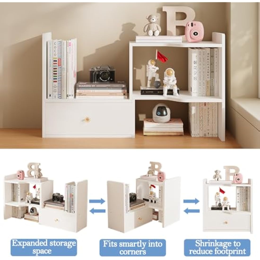 NUODWELL Expandable Desktop Bookshelf, Freestanding Adjustable Office Storage Rack Desk Tidy Organiser Countertop Bookcase for Office & Home (White)