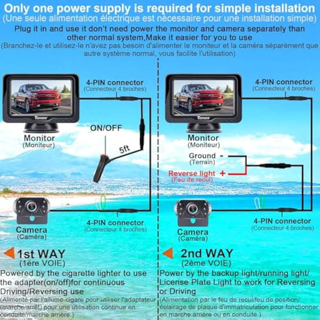 Reversing Camera Ease Setup Plug-Play - Color Clear Image Night Vision DIY Guide Lines HD 1080P No-Delay Rear View Camera with Monitor Waterproof LED with On/Off Switch for Car/SUV/Truck Tomoia T1