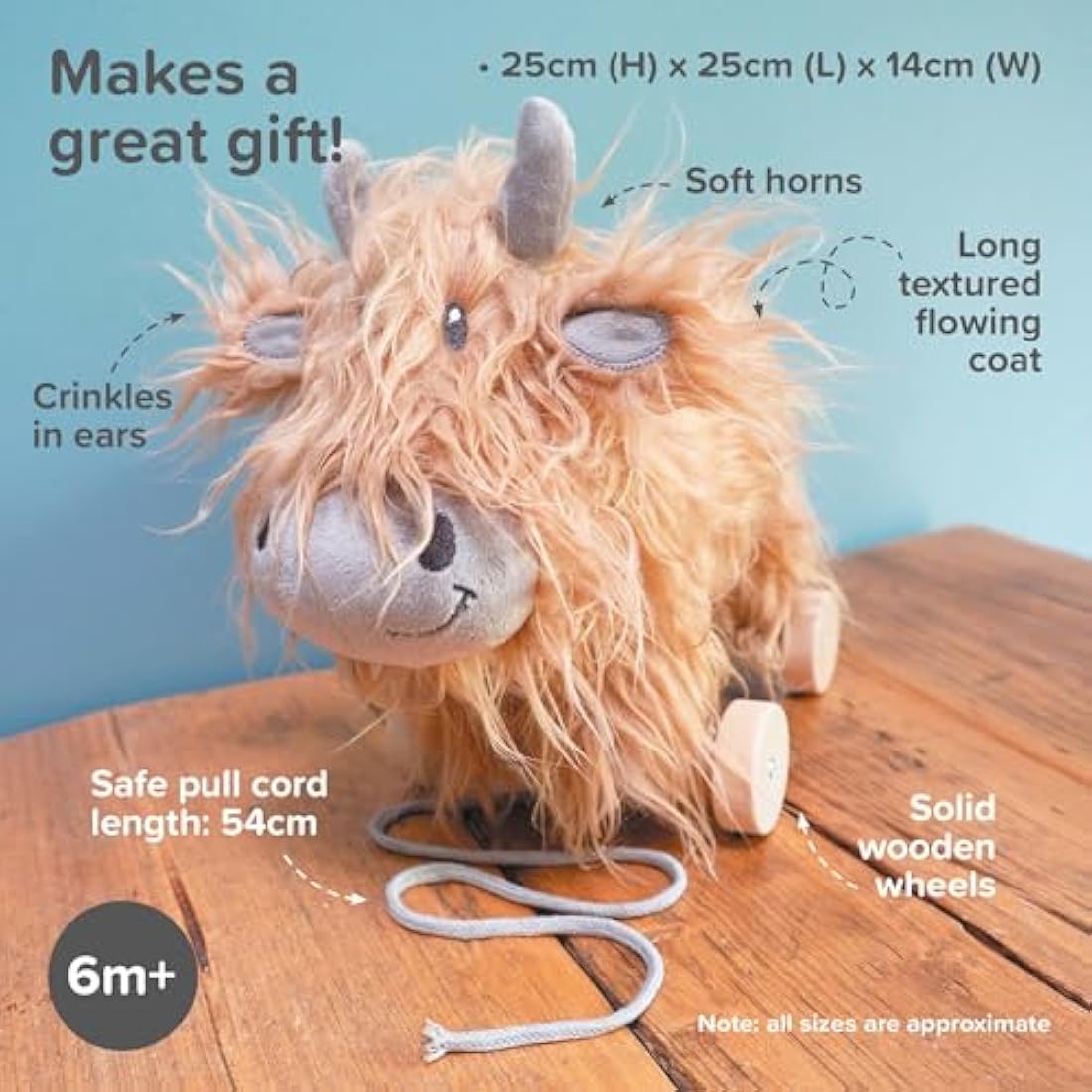 Little Bird Told Me - Hubert Highland Cow Pull Along Toy for Baby 6+ Months Unisex - 2-in-1 Soft Toy, Removable Wheels, Sensory Plush Fabric - British Brand Since 2007