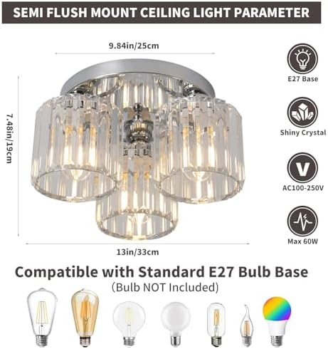 ZYDTRIP Crystal Chandeliers Ceiling Light, 3-Lights Crystal Lights Living Room, Modern Chrome Semi Flush Ceiling Light Fittings for Bedroom, Hallway, Bathroom, Foyer, Kitchen Light Fixture