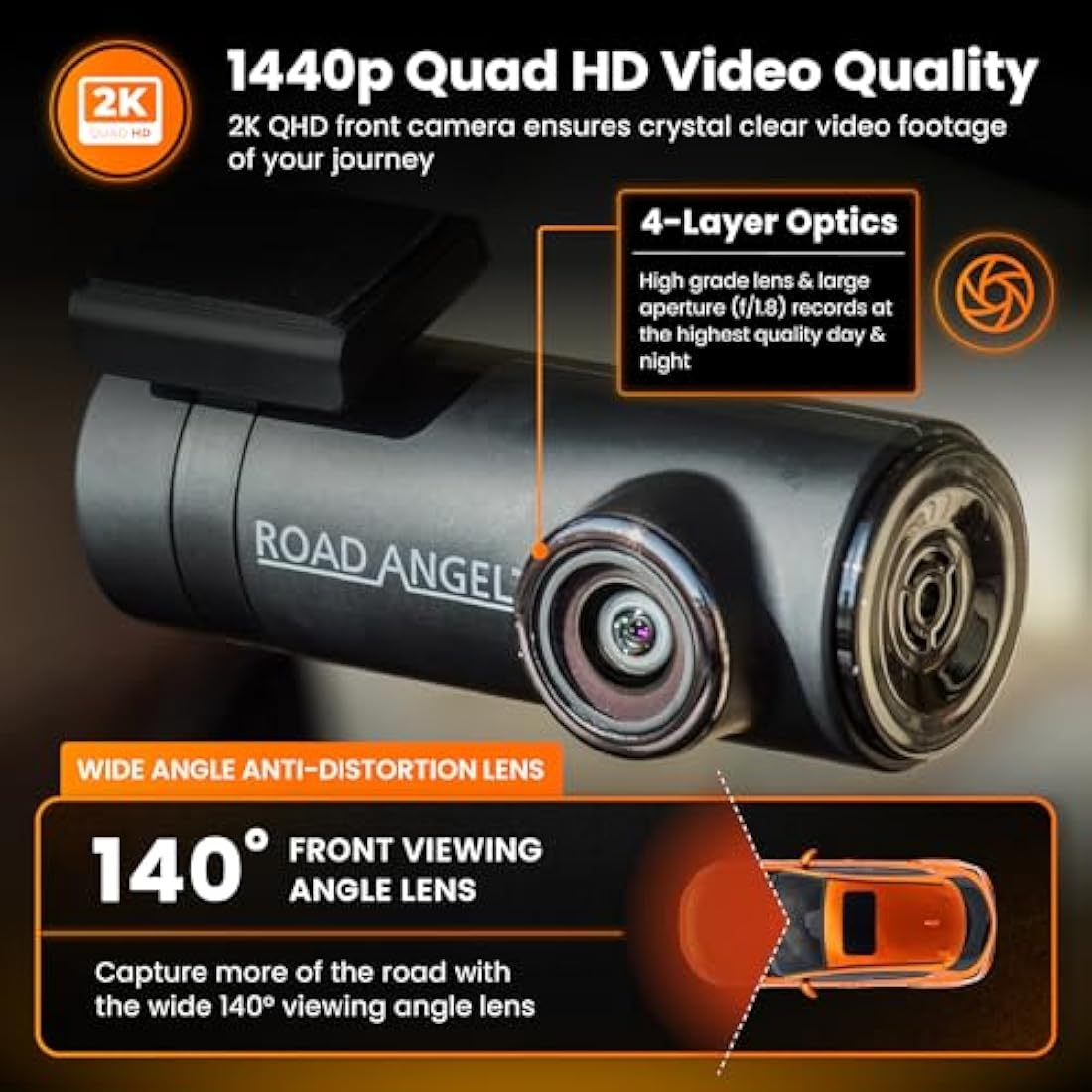 Road Angel Halo Drive 2K In Car Camera Dash Cam Front - Dashcam Front - Night Vision Dashcams for Cars - Car On-Dash Mounted Cameras with Supporting App, Black