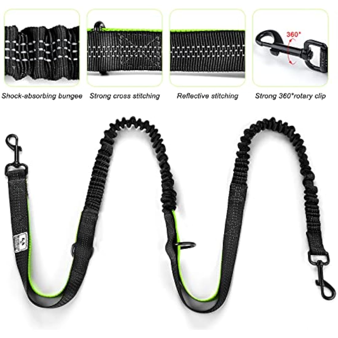 SHINE HAI Retractable Hands Free Dog Leash with Dual Bungees for 2 Dogs, Adjustable Waist Belt, Reflective Stitching Leash for Running Walking Hiking Jogging Biking Black - Green