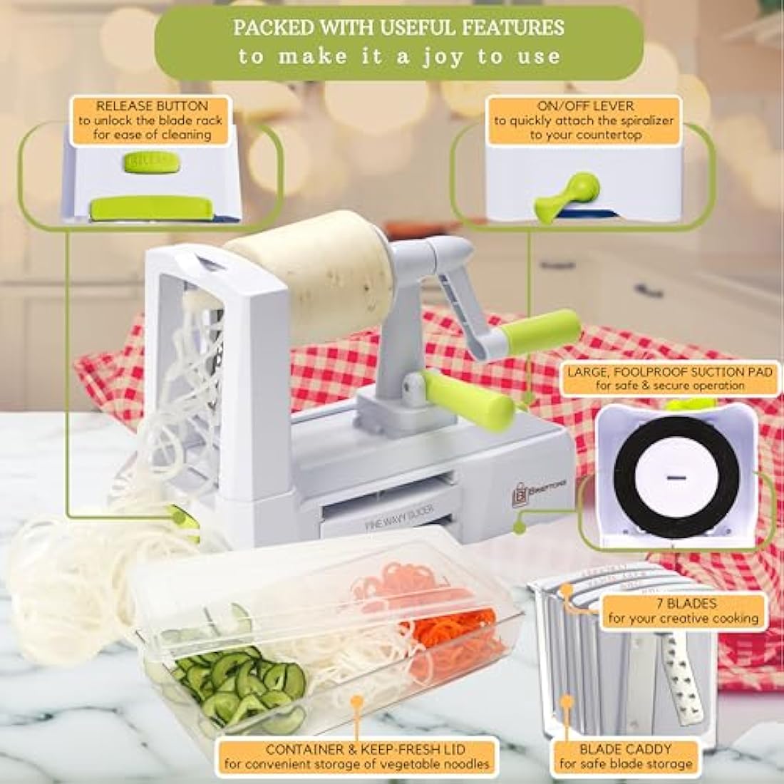 Brieftons 7-Blade Vegetable Spiralizer: Strongest-Heaviest Spiral Slicer, Best Veggie Pasta Spaghetti Maker for Low Carb/Paleo/Gluten-Free Meals, with Blade Caddy, Container, Lid & 4 Recipe Ebooks