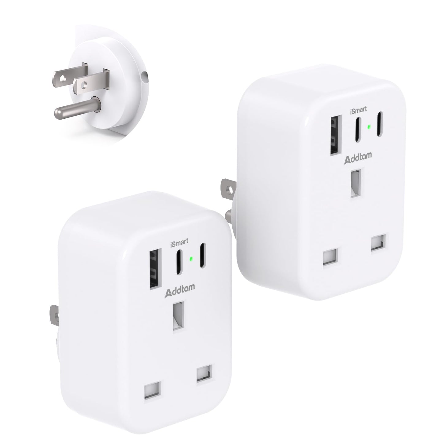 [2 Pack] UK to US Plug Adaptor, USA Travel Adapter with 1 USB & 2 USB C Ports for American, Canada, Mexico, Colombia Grounded Charger, 4 in 1 Plug