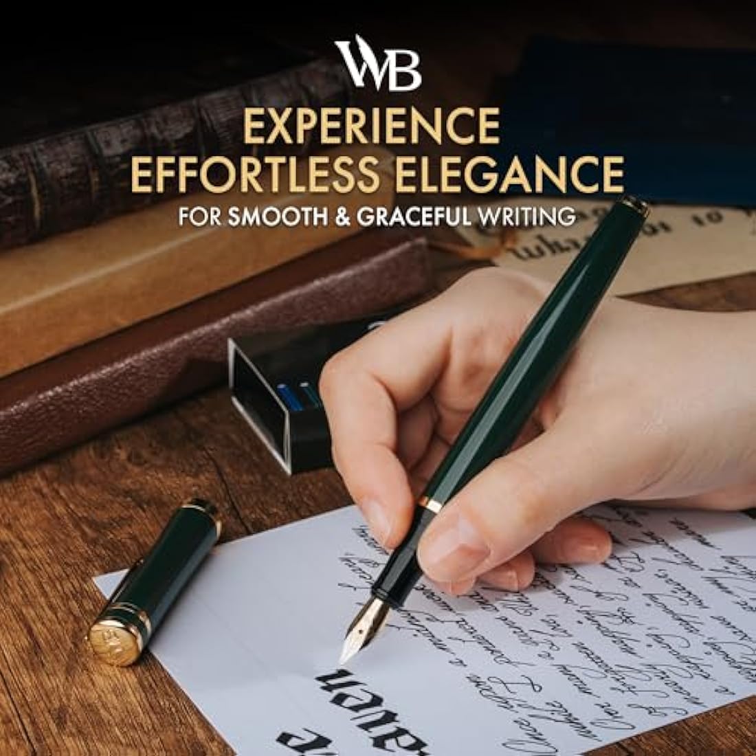Wordsworth & Black Fountain Pen Set, 18K Gilded Broad Nib, Includes 24 Pack Ink Cartridges, Ink Refill Converter & Gift Box, Gold Finish, Calligraphy, [Racing Green], Perfect for Men & Women