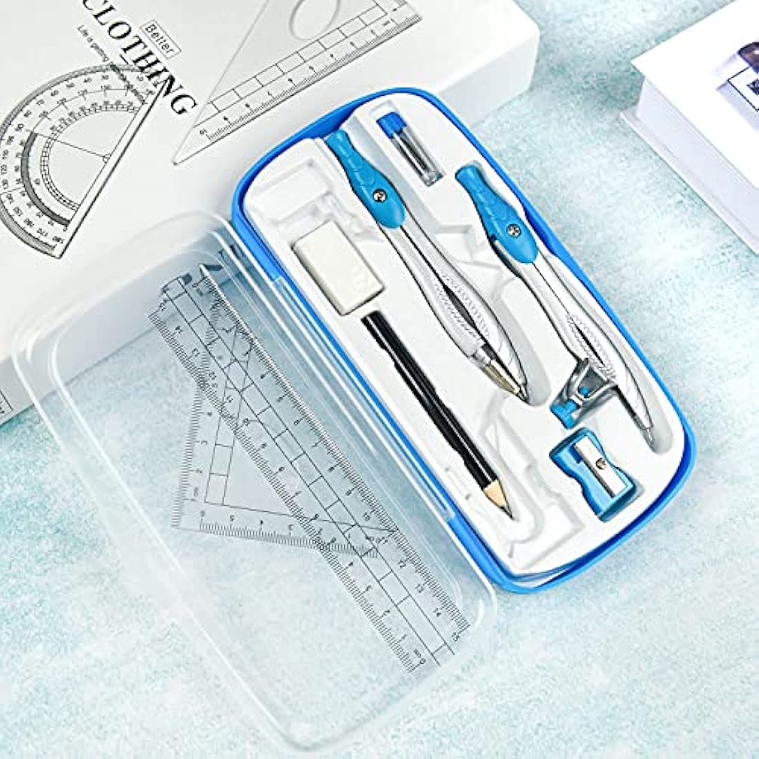 Lifreer Maths Set, Geometry Set For Secondary School,10 Pcs Protractor and Compass Set, Ruler Set For Drafting And Drawing (Blue)