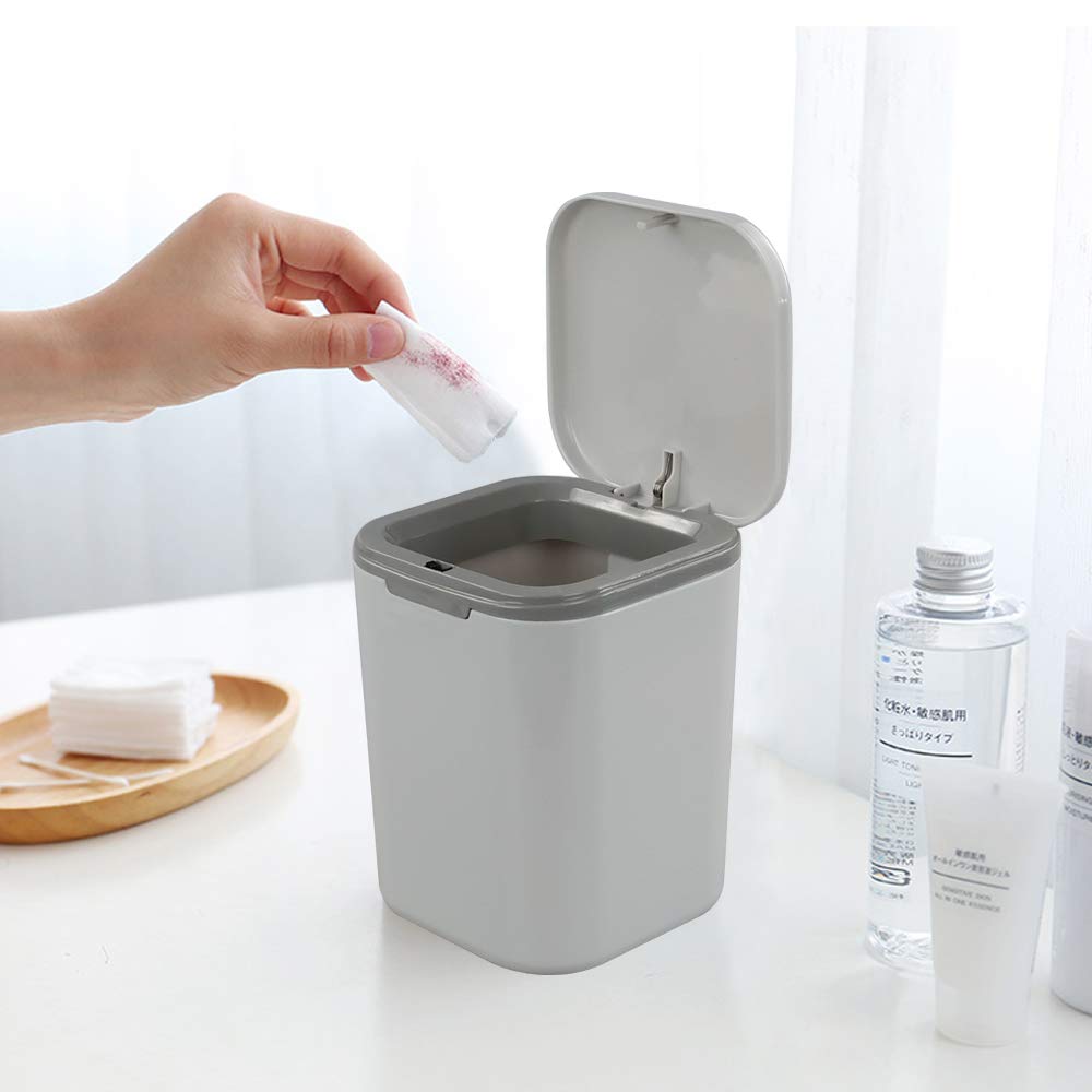 Gitany Push-button Mini Desktop Dustbin with lid, Small Trash Bin (Gray)